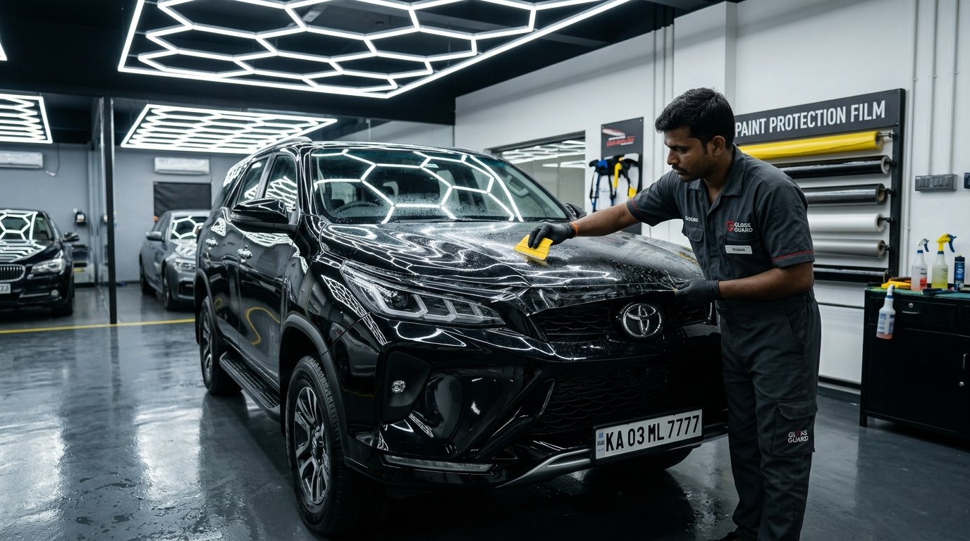 PPF stone-chip self-healing protection on Toyota Fortuner front bonnet